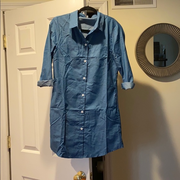 Denim Pocket Button Asymmetric Mini Dress - Blue - Picture 2 of 2